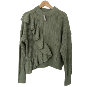 RW & CO. SAGE GREEN COSY KNIT SWEATER WITH RUFFLE DETAILS, RIBBED CUFFS/WAIST, L